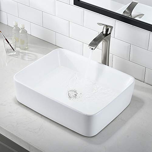 Rectangle Vessel Sink With Faucet And Drain Combo-Bokaiya 16X12 Above Counter Bathroom Sink White Porcelain Ceramic Rv Bathroom Vessel Sink Art Basin, Faucet Matching Pop Up Drain Combo #TOP3