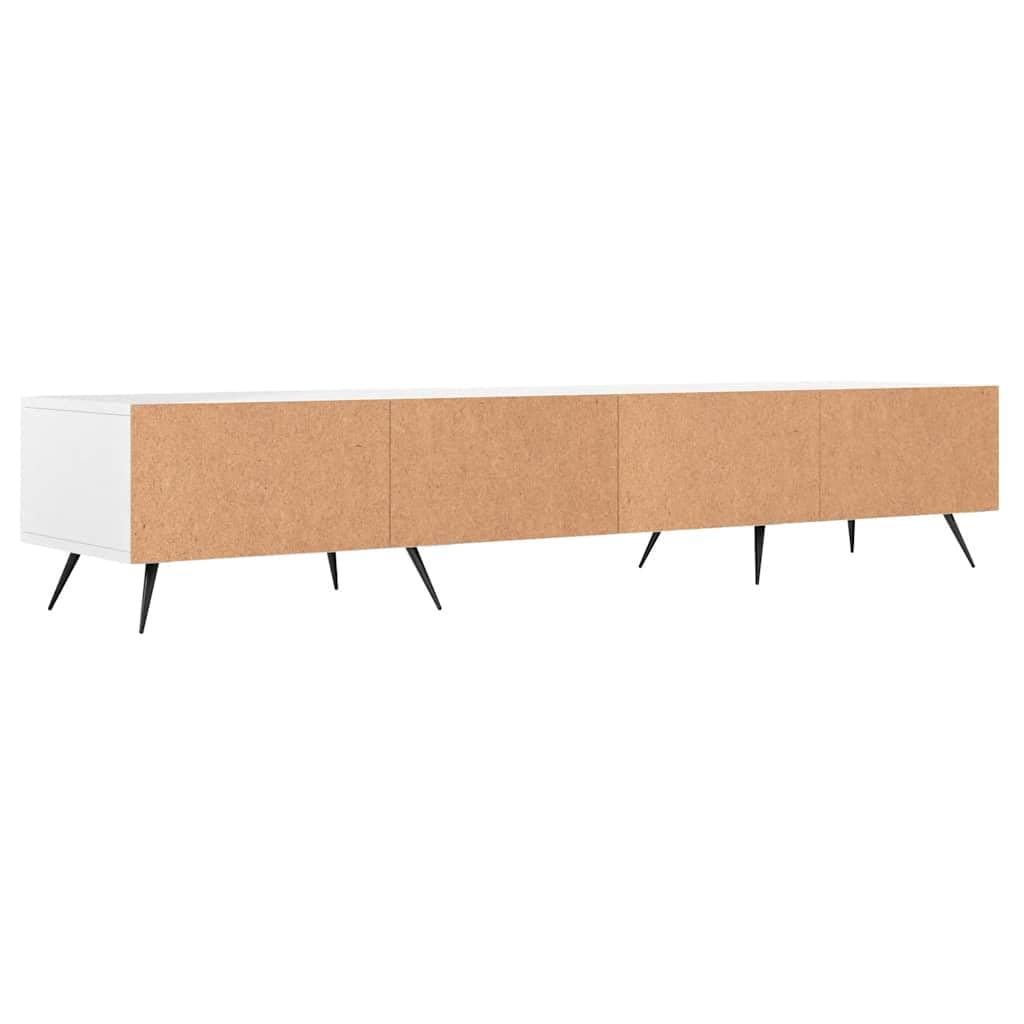 Szafka pod telewizor biała 150 x 36 x 30 cm, wytrzymały materiał drewnopochodny, 3 szuflady, żelazne nogi, stylowe meble multimedialne do salonu i sypialni, odporna na wilgoć