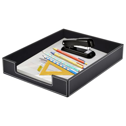 XNONE Leather Letter Tray,Office Supplies Desk Organizer for Mail Paper Files Magazines Jewelry Cosmetics,Luxury Letter Holder&Multipurpos Stackable Office Desktop Storage Box,Black