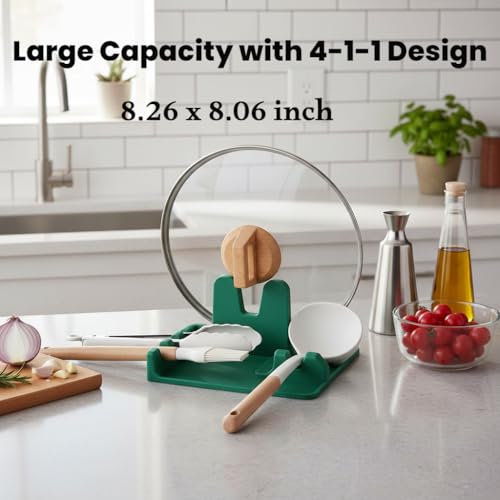 Image of Auoon Silicone Spoon Rest with Lid Holder - 3 in 1 Kitchen Utensil Rest for Soup Ladles, Pot Lids, Spatulas, Spoons, Tongs, BPA Free & Dishwasher Safe, 8.26 x 8.06 Inch (Sea Blue, Large)