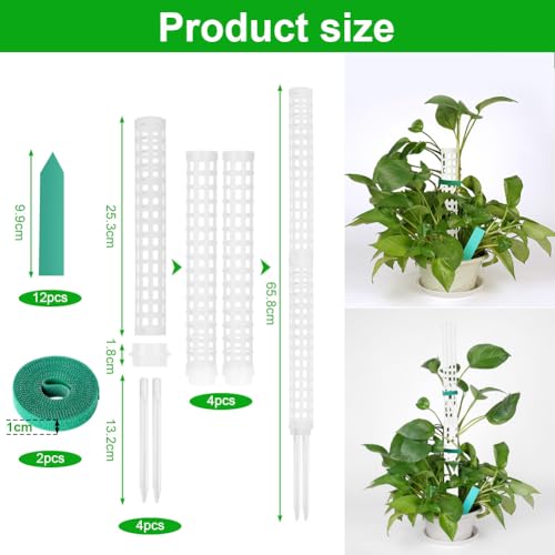OFFCUP Plastic Moss Poles, 4x 25cm/ 100cm Monstera Plant Support for Climbing Plants Plant Poles with Cable Ties & Labels - Image 2