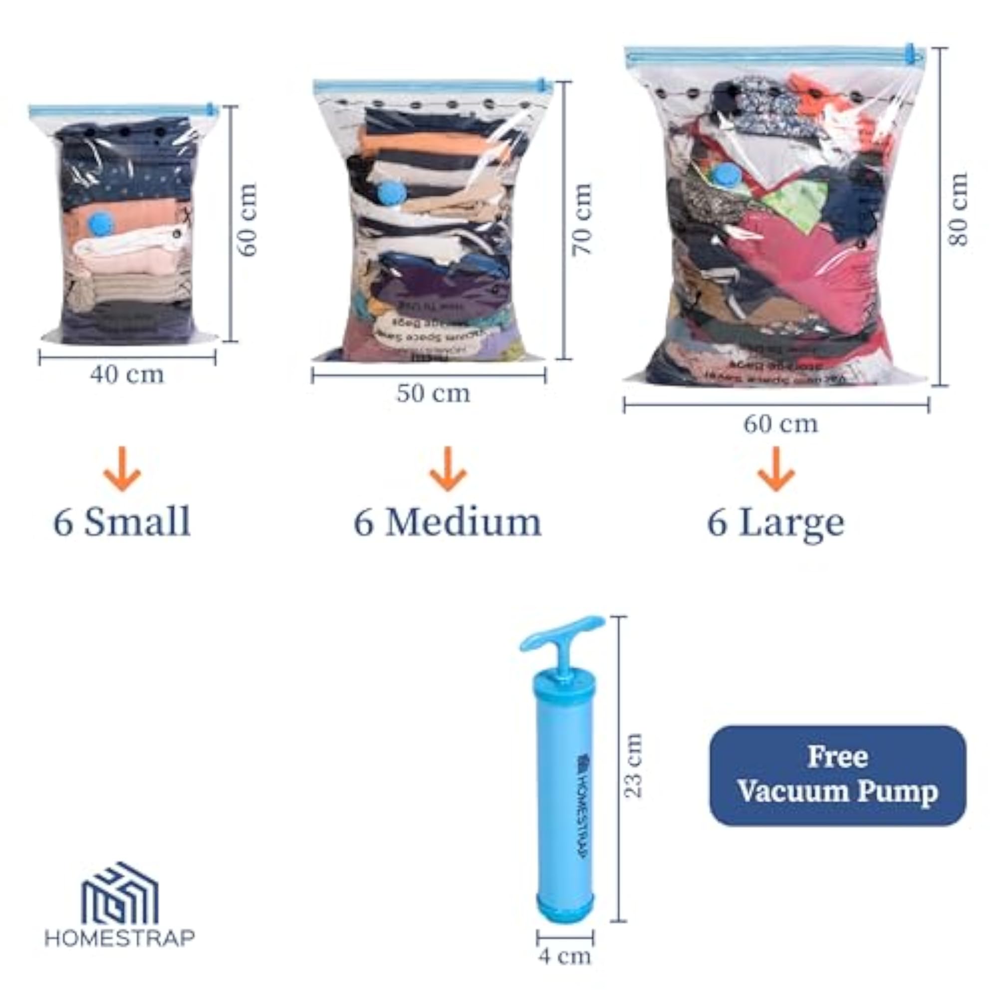 Pack of 18 Vacuum Storage Bags with Pump for Space Saving