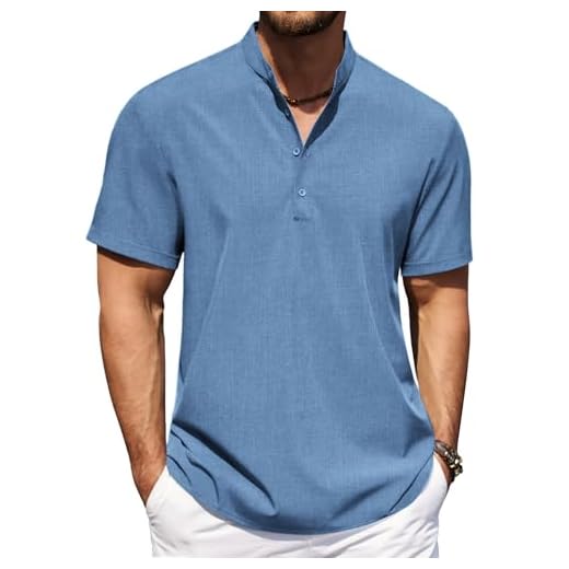COOFANDY Camisetas masculinas Henley de manga curta casual de linho camisas com gola de botão camisas praia verão casamento camisa, Azul, P