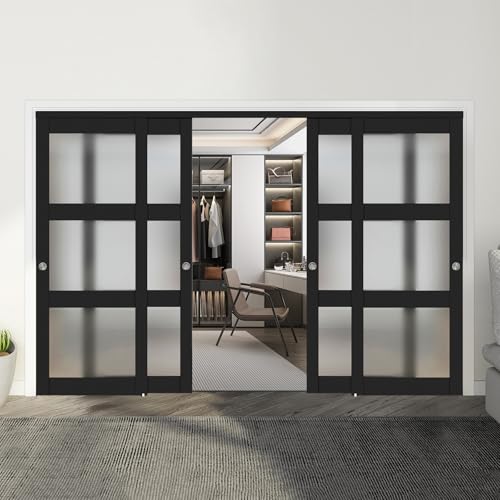 JUBEST Sliding Closet Door 144" x 80", 3-Lite Frosted Glass Bypass Door with Hardware Kit & Matching Fascia, Pre-Drilled Solid Wood Slab with Water-Proof PVC Surface, Easy to Install, Black