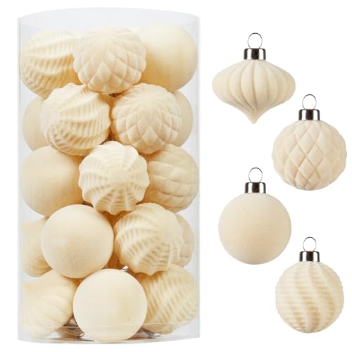 Wironlst Velvet Ornaments for Christmas Tree, 4 Style Flocked Matte Velvet Christmas Ball Ornaments, Shatterproof Decor for Xmas Tree Wedding Holiday Party Home (1.57" 25pcs Cream)