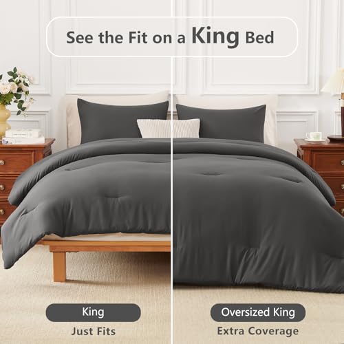 Image of HIMEET King Size Comforter Set, 3 Pieces with 2 Pillowcases, Dark Grey | 270GSM Down Alternative Fill, Oeko-TEX Certified, 8 Corner Ties Quilted, All Season, Fluffy Bed Set, Bedroom Decor Bedding