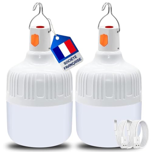 Lanterne Camping Rechargeable [Marque Française] 2 Pièces Lampe 30 Watts - Lampe Rechargeable USB 360° - Lanterne Portable à Suspendre pour Camping - Câble USB...