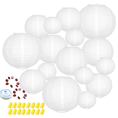 Hanging Paper Lanterns Decorative, White Chinese Paper Lanterns Ceiling Party Decorations with 16 LED Lights for Baby Shower Wedding Anniversarie Graduation Engagement Valentine's Day, Pack of 16