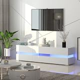 EROMMY TV-Schrank 177cm Fernsehschrank mit 16 LED-Beleuchtung extra großem Stauraum Hochglanz TV-Regal Fernsehtisch für Fernsehr, modernes Lowboard für Wohnzimmer, 177x39x45cm, weiß