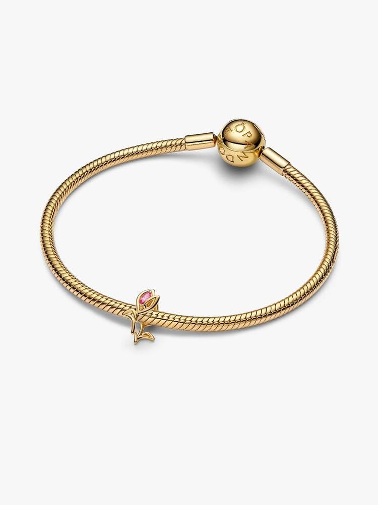 PANDORA Charm tulipan otwarty, pozłacany 14-karatowym złotem, z różową cyrkonią Cubic, filigranowa zawieszka kwiatowa, kompatybilny z Moments, 764555C01
