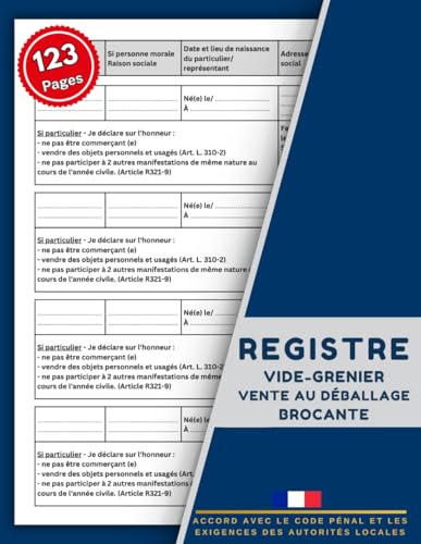 Registre des vendeurs participants à une brocante ou un vide-grenier: Registre de déclaration pour vente au déballage | Outil pratique pour ... et professionnels | Format A4 – 123 pages
