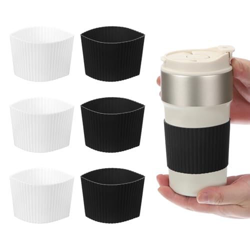 uxcell 6Pack Coffee Cup Sleeves, Reusable Silicone Heat Resistant Cup Protective Sleeve Nonslip Mug Protector Cover for Home Travel Coffee Mug Glasses Water Bottle Boots, White/Black
