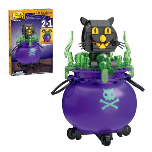 Brickcraft Halloween Cat Cauldron Building Kit (210 Pieces), 2-in-1 Black Cat and Witch Cauldron Build, Spooky Decor Collectible Gift