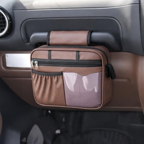 Image of Grab Handle Bag | Dashboard Grab Handle Storage Organiser | 2 Compartments with Transparent Pocket | Compatible with Thar, Jimny, Gypsy, Jeep, Gurkha and Other SUVs and Car | PU Leather | Brown