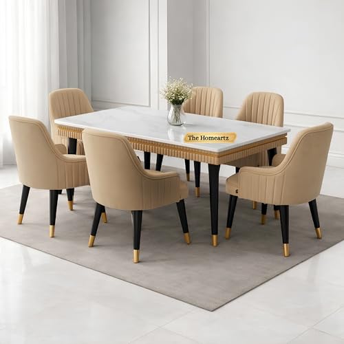 Image of Elara Modern Dining Table Set 6-Seater Wooden Dining Table Set | 1 Year Warranty | Nano Composite Marble Marble Top Table with 6 Chairs (Beige)