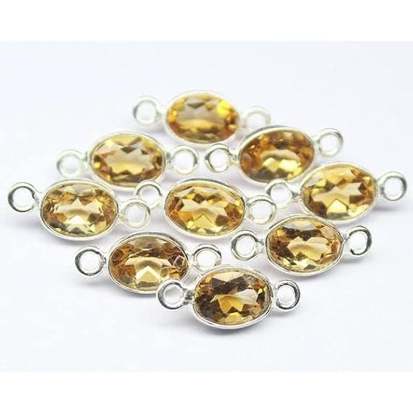 LKBEADS Citrine Oval Gemstone Bezel Station Connector in 925 Sterling Silver - 13mm - 4 pcs
