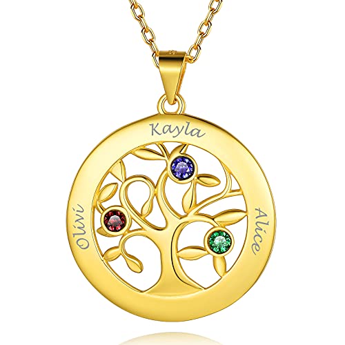 Custom4U Personalized Birthstone Name Necklace - Heart & Round Pendants Sterling Silver & Stainless Steel Family Tree of Life Charm Mother's Day Jewelry Gift for Women Mom Grandma 1-Gold-3 n