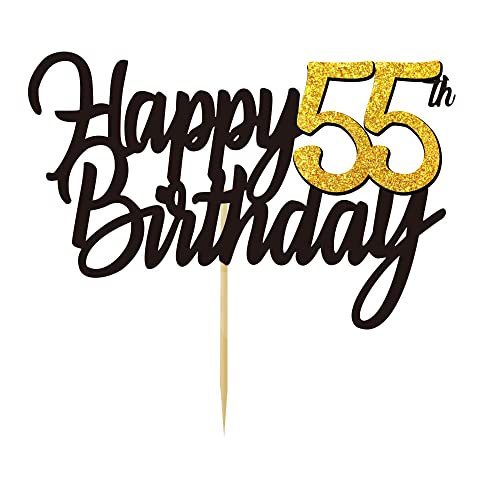 Happy 55th Birthday Cake Toppers Glitter 55th Anniversary Cake Topper 55 Years Loved Bday Decorations 55 Gold Birthday Cake Decorations Fifty-five Party Supplies for Women Men(Black Gold)