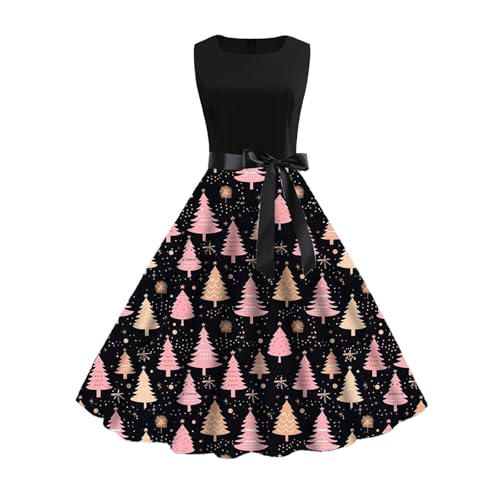 Langes Kleid Weihnachten Damen Weihnachtskleid Kurzarm Bedruckt Stil A Linie Partykleider, Schwarz , S