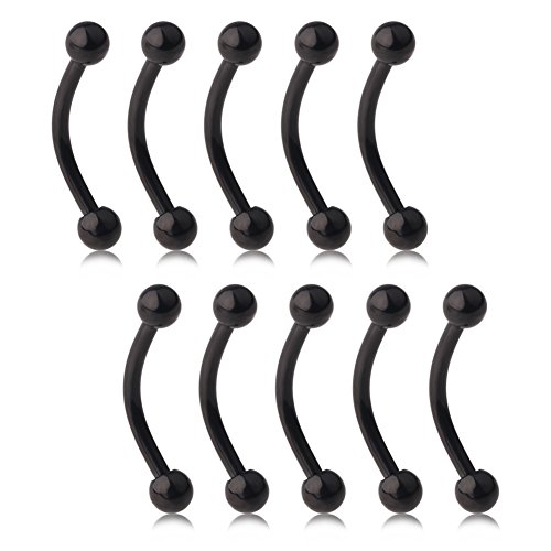 Ruifan Lot of 10 Black Titanium Anodized Eyebrow Piercing Jewelry Curved Barbell with Ball Kit Eyebrow Tragus Lip Ring 16g 16 gauge 10mm