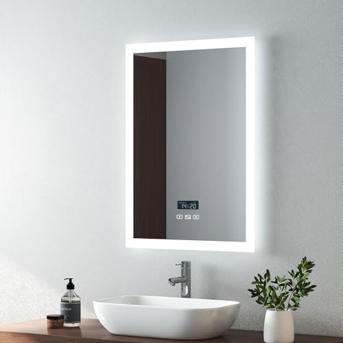 EMKE Illuminated Bathroom Mirror LED Light, 500x700 mm Bathroom Mirror with Shaver Sockets, Demister + Bluetooth Speaker + Touch Switch, Wall Mounted Mirrors Vertical
