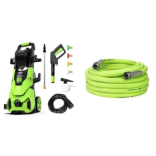 Rock&Rocker Powerful Electric Pressure Washer, Green & Flexzilla Garden Hose 5/8 in. x 50 ft, Heavy Duty, Lightweight, Drinking Water Safe, ZillaGreen – HFZG550YW-E