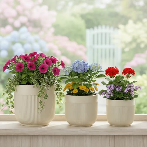 Image of Xtore Ceramic Ribbed Planter Set with Matte Finish | Modern Minimalist Flower Pots for Home, Office, Balcony & Living Room Decor - (Set of 3, Pastel Beige, Planter ONLY)
