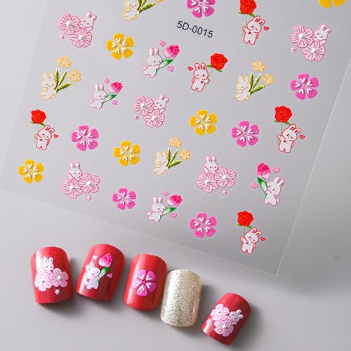 Easter Bunny Nail Stickers Strawberry Bow Self Adhesive Cute Nail Art Accessories for Manicure Decor 5D Embossed Nail Art Stickers Nail Design — view 3