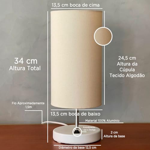 Luminária de Mesa Abajur Base Redonda Alumínio Com Cúpula de Tecido Algodão (Branco Cúpula Bege)
