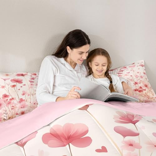 Image of Erosebridal Poppy Flowers King Comforter Set Pink Valentine Bedding Set for Kids Teens Romantic Love Heart Shaped Bed Set Spring Floral Quilt Duvet
