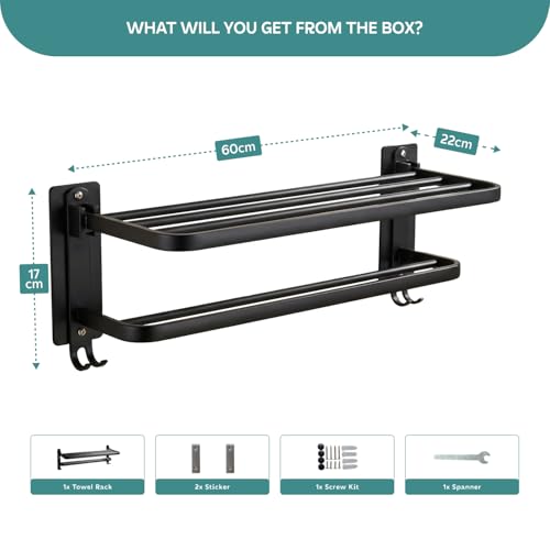 Image of MIORAH 24 Inch Powder - Coated Aluminium Towel Rack with Hooks - Rust - Free, Space - Saving Bathroom Towel Holder, Easy Installation Black