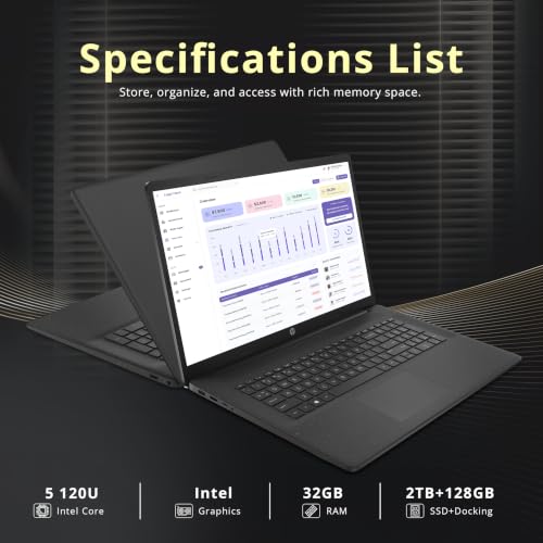 Image of HP 17.3 inch HD+ Laptop for Business & Students, Intel Core 5 120U, 32GB RAM, 2TB SSD + 128GB Docking Station, Intel Graphics, Full-Size Keyboard, Wi-Fi 6, HD Webcam, Windows 11 Pro, Black