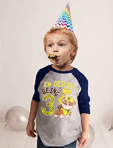 Image of Tstars Paw Patrol Rubble 3rd Birthday Baseball Tee Toddler Boy 3 /4 | Soft raglan Rubble digging tee for turning three; great for 3rd birthday, construction party, photo gift