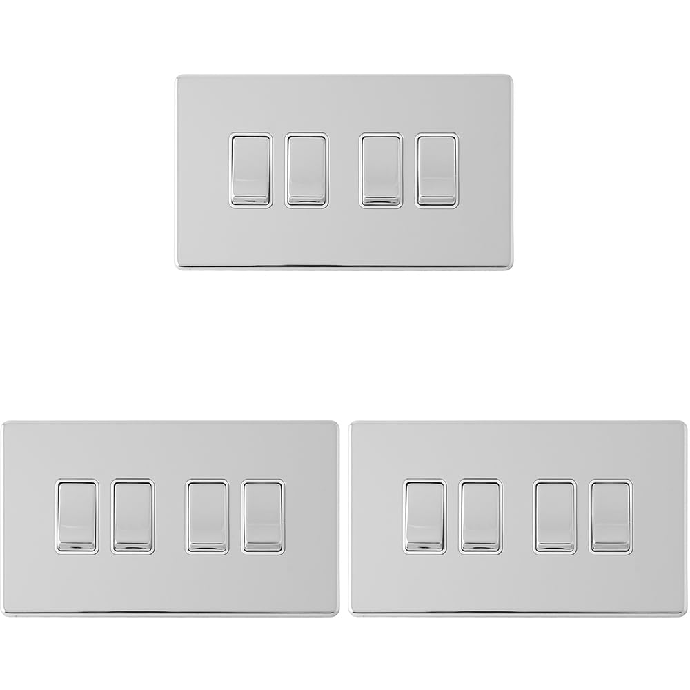 Vierfach-Lichtschalter, schraubenlos, poliertes Chrom, 2-Wege, 10 A, Wippschalter, dekorative Küche, Wohnzimmer, Schlafzimmer, 3 Stück