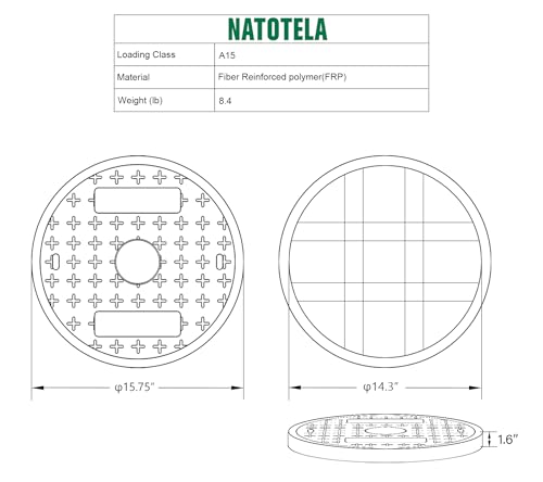 Natotela Replacement Manhole Cover 16in Outside Diameter- NO FRAME,Fiberglass Round Solid Reinforced Steel Sewer Covers for 14.3in yard Corrugated Pipe,Non-slip Plastic Decoration Sewage Basin Cover by Natotela - Image 2