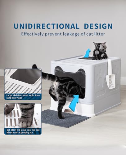 Image of Medario Cat Litter Box with Litter Mat and Scoop, Large Covered Litter Box with Lid, Enclosed Kitty Box, Front Entry Top Exit, Odor Control, Easy to Clean (Grey)