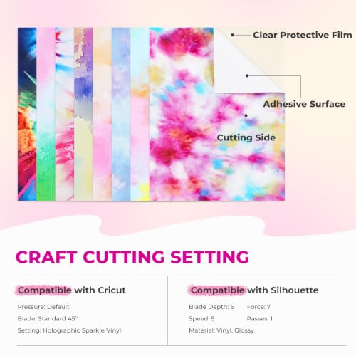Image of HTVRONT Tie Dye Permanent Vinyl 8 Sheets 12 inchx10 inch Patterned Adhesive Vinyl | Watercolor Swirl Rainbow Pattern, Waterproof, Easy Cut & Weed, with 2 Transfer Tape for All Cutting Machine