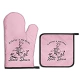 Gkodw Having a Mental Bake Down Pink Oven Mitts and Pot Holders Sets, Funny Skeleton Halloween Oven Mitt for Women Chef, Cookie Baker Gifts, Christmas Baking Gifts for Mom Housewives Hostess