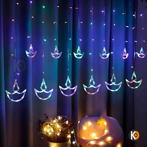 Image of K D 6+6 Diya Multi Curtain LED String Lights, 138 LEDs (3.5 ft Length + 0.5 FT Length After Adapter = 4ft) with 8 Modes Indoor Outdoor for Home, Diwali, Christmas (Big String Diya 6+6 Multi)