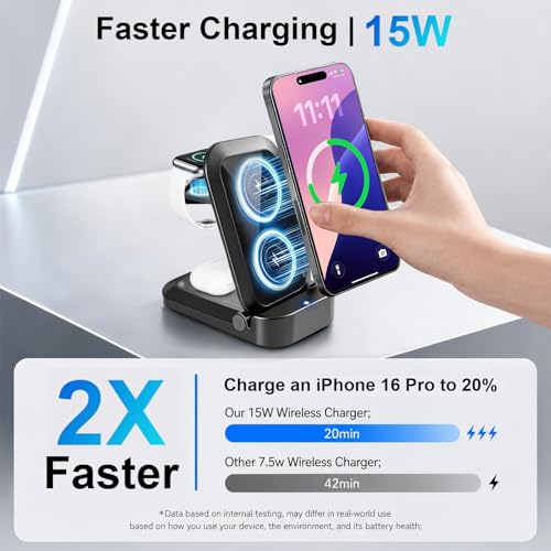 3 in 1 Wireless Charging Station for Apple - Foldable Wireless Charger Station - Travel Charger for Multiple Devices for iPhone 17 16 15 14 13 12 Pro Max Plus, Apple Watch, AirPods(Black) — view 6