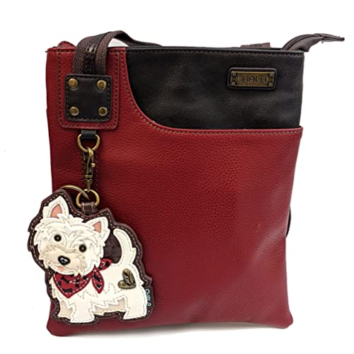 Chala Crossbody Phone Purse | SOFT PU Leather SWING Bag with Chala Key fob (Burgundgy Westie)