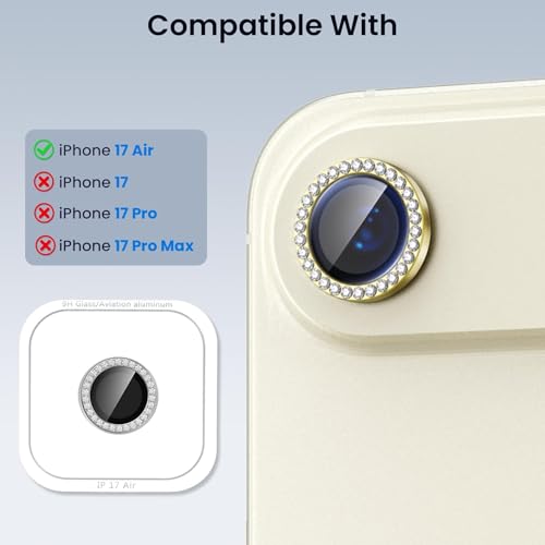 Image of Lensarmor Compatible With Light Gold Diamond iPhone Air Camera Lens Protector - 9H+ Tempered Glass with Diamond Coating, Scratch Resistant, Premium iPhone Air Accessories, Flash-Friendly Lens Cover