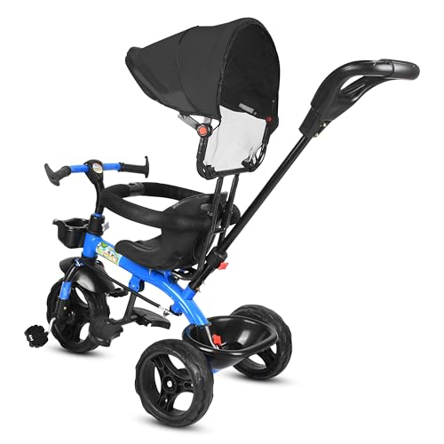 Image of BABY SMILE 4-in-1 Kids Tricycle with Adjustable Canopy, Parent Push Handle, Red and White (Blue Black)