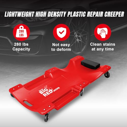 BIG RED TRP6240 Torin Blow Molded Plastic Rolling Garage/Shop Creeper: 40" Mechanic Cart with Padded Headrest, Dual Tool Trays and 6 Casters, Red by BIG RED - Image 5