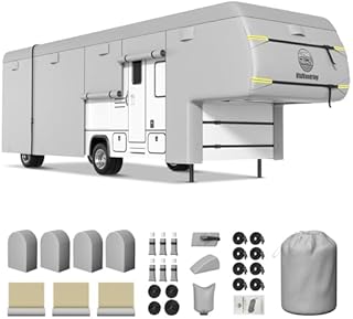 5th Wheel Travel Trailer RV Cover 29-33ft, Multi-Layer Breathable Rip-Stop Camper Cover with Water-Resistant Coating, Repair Kit, Gutter Protection, Tire Straps
