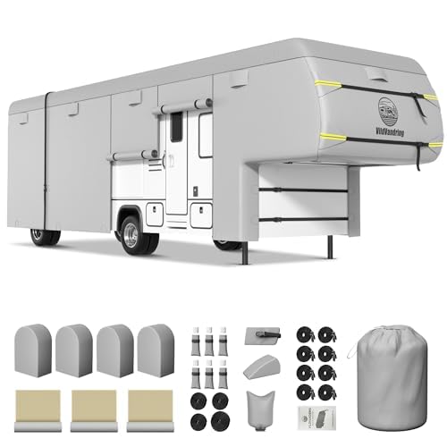 Heavy Duty Travel Trailer 5th Wheel RV Cover 41-45ft, 8 Layers Breathable Waterproof Rip-Stop Camper Cover with Adhesive Repair Patches, Gutter, Tire & Additional Straps