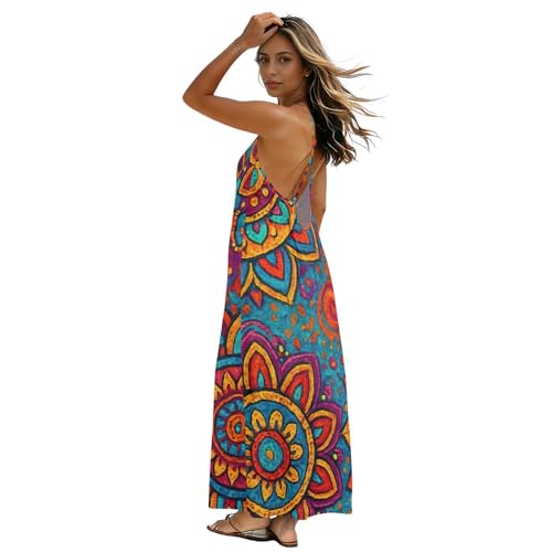 Robe d'été dos nu jaune et turquoise à motif mandala pour femme
