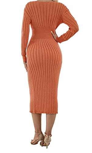 GIBZ Vestido feminino com nervuras, manga comprida, pulôver de malha, comprimento médio, colado ao c