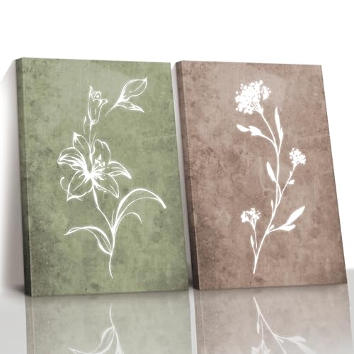 Minimalist Botanical Canvas Wall Art Set of 2 Floral Line Art Decor 12x16in