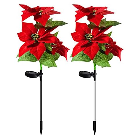 RXMORI 2 Pcs Solar Garden Lights,IP65 Waterproof Solar Poinsettia Flowers Lights Landscape Lighting,Simulation Poinsettia LED Light for Pathway Lawn Outdoor Decorative Cover